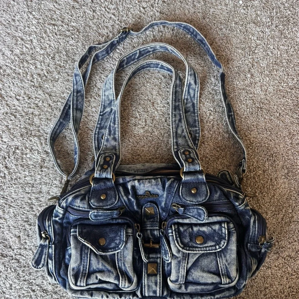 Angel Kiss Distressed Denim Shoulder / Adjustable Crossbody Purse 15 Pockets!